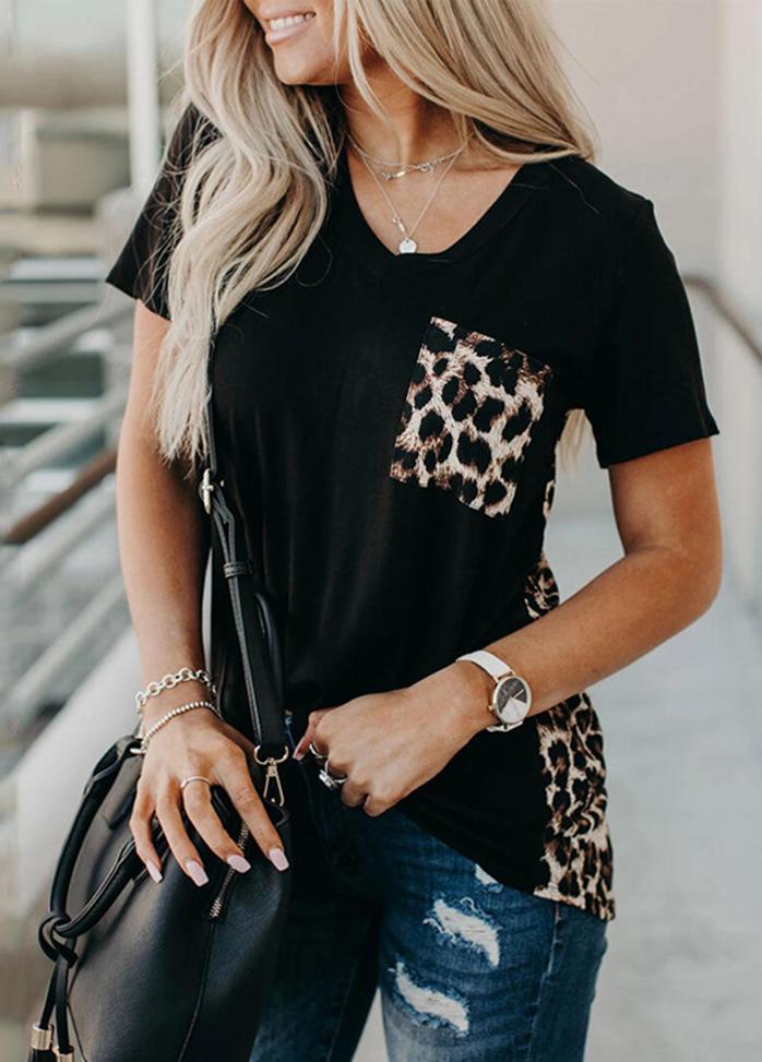 Leopard Printed Patchwork V Neck Short Sleeve T-shirt