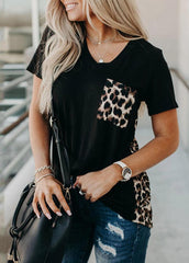 Leopard Printed Patchwork V Neck Short Sleeve T-shirt