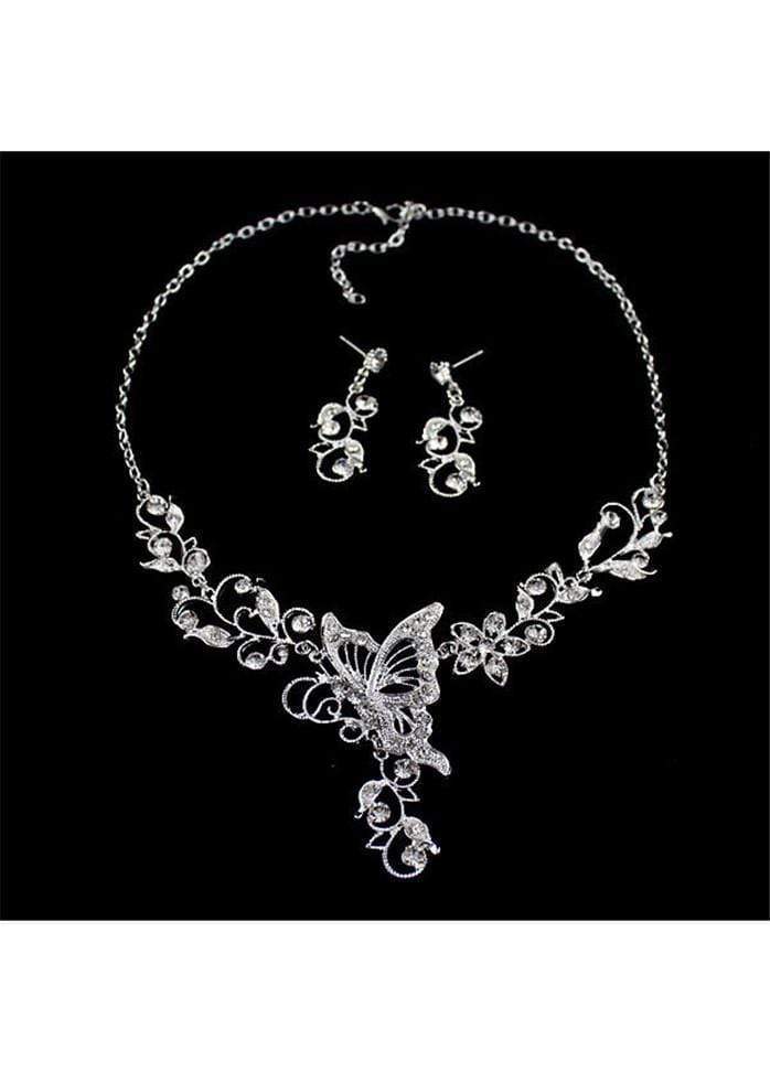 Butterfly and Flower Necklace and Rhinestone Embellished Earrings