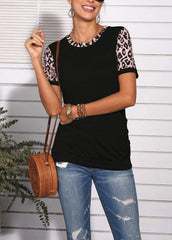 Button Leopard Printed Patchwork Short Sleeve Round Neck T-shirt