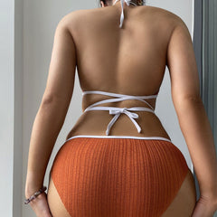 Contrast Color Ribbed Strappy Halter Bikini Swimsuit