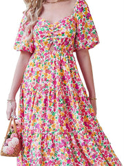 Summer Women's New Square Collar Bubble Short-sleeved Back Pleated Print Casual Wind Medium-length Dress Dress High Waist Puffy Dress