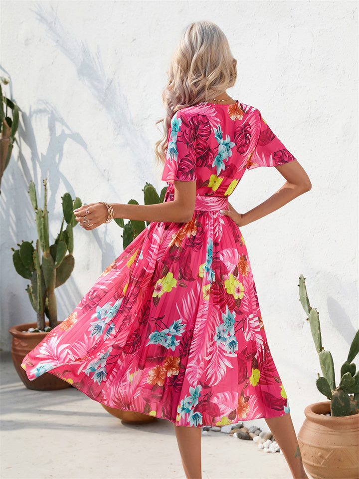 Summer Floral Print Crinkle Short Sleeve Dress V-neck Casual Dress Green Red S-2XL