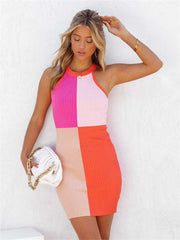 Summer Tide Women's Color Blocking Sleeveless Package Hip Round Neck High Waist Stretch One Step Dress Sleeveless Dress