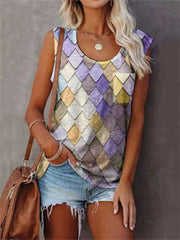Summer New Temperament Commuter T-shirt Undershirt Female Fashion Print Round Neck Pocket Sleeveless Tops Female Elegant Style