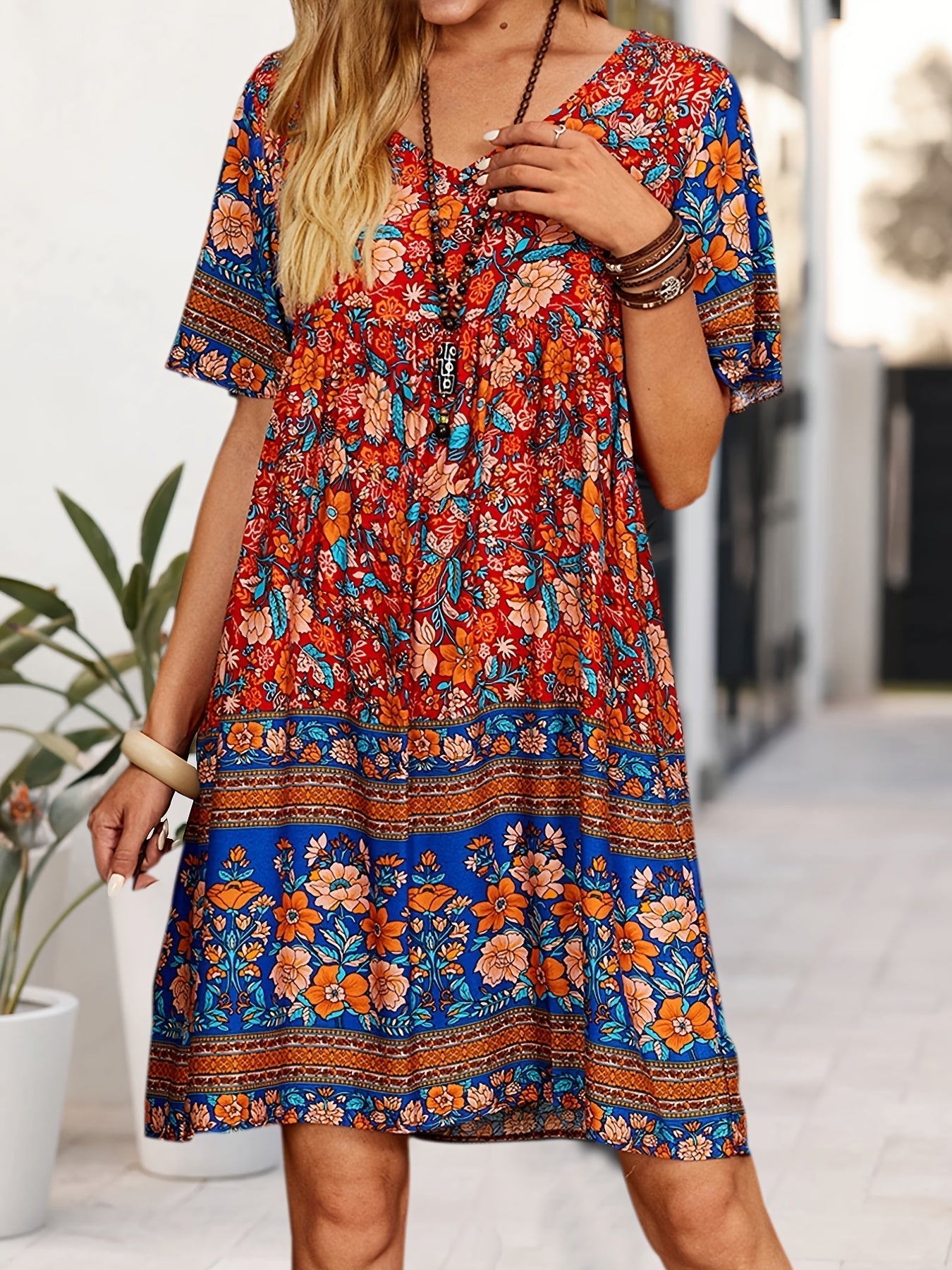 Casual Floral Print V Neck Short Sleeve Mini Dress