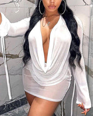Sheer Mesh Drawstring Ruched Backless Top & Skirt Set Without Panty