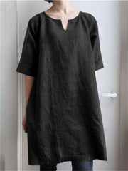 Spring and Summer New Solid Color V-neck Cotton Linen Casual Shoulder Insert Medium-sleeved Temperament Elegant A-line Dresses Women