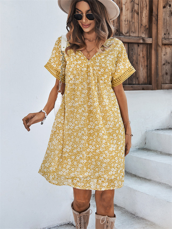 Fashion Women's Dresses Summer V-neck Chiffon Skirt Printed Short-sleeved Dress Yellow Green Black Blue