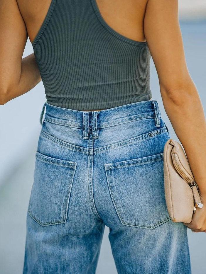 Casual Mid-waist Washed Denim Wide-leg Trousers