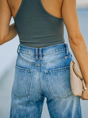 Casual Mid-waist Washed Denim Wide-leg Trousers
