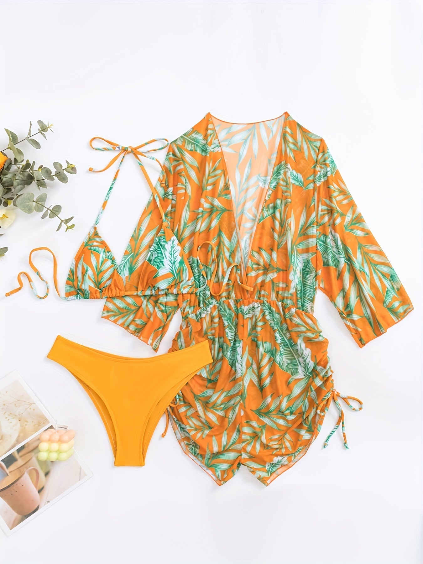 3-piece Leaf Plant Print Triangle Halter Neck Bikini Sets