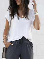 Solid V-Neck Short-Sleeve Loose T-shirt