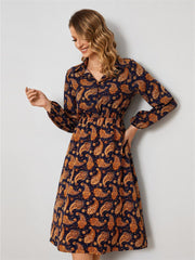 Spring and Autumn Fashion Casual Long-sleeved Floral Floral High Waist A-line Dress Shirt POLO Collar Temperament Elegant Dress