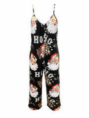 Christmas Santa Print Wide Leg V Neck Jumpsuit