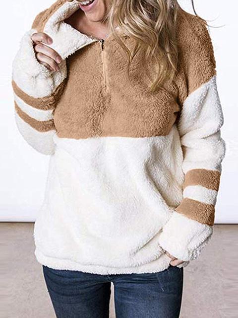 Contrast Color Zipper Up Plush Sweatshirt