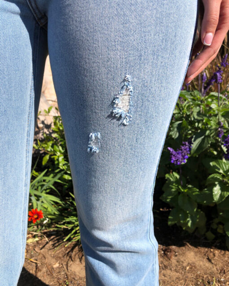 70s Vintage Ripped Zip Fly High Waist Flare Jeans