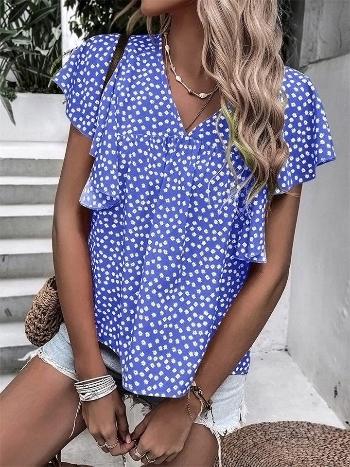 Summer Women's Bohemian Wind Top Floral V-neck Ruffle Short-sleeved Casual Comfortable T-shirt Commuter Style Shirt Female