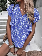 Summer Women's Bohemian Wind Top Floral V-neck Ruffle Short-sleeved Casual Comfortable T-shirt Commuter Style Shirt Female