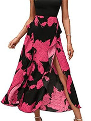 Summer Fashion Casual Style Women's Round Neck Splicing Hem Open Irregular Sleeveless Print Floral High Waist Dress