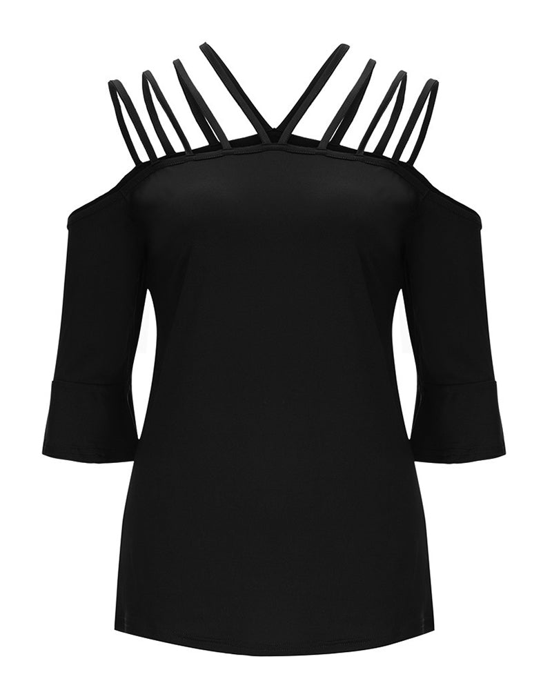 Strappy Detail Bell Sleeve Cold Shoulder Blouse