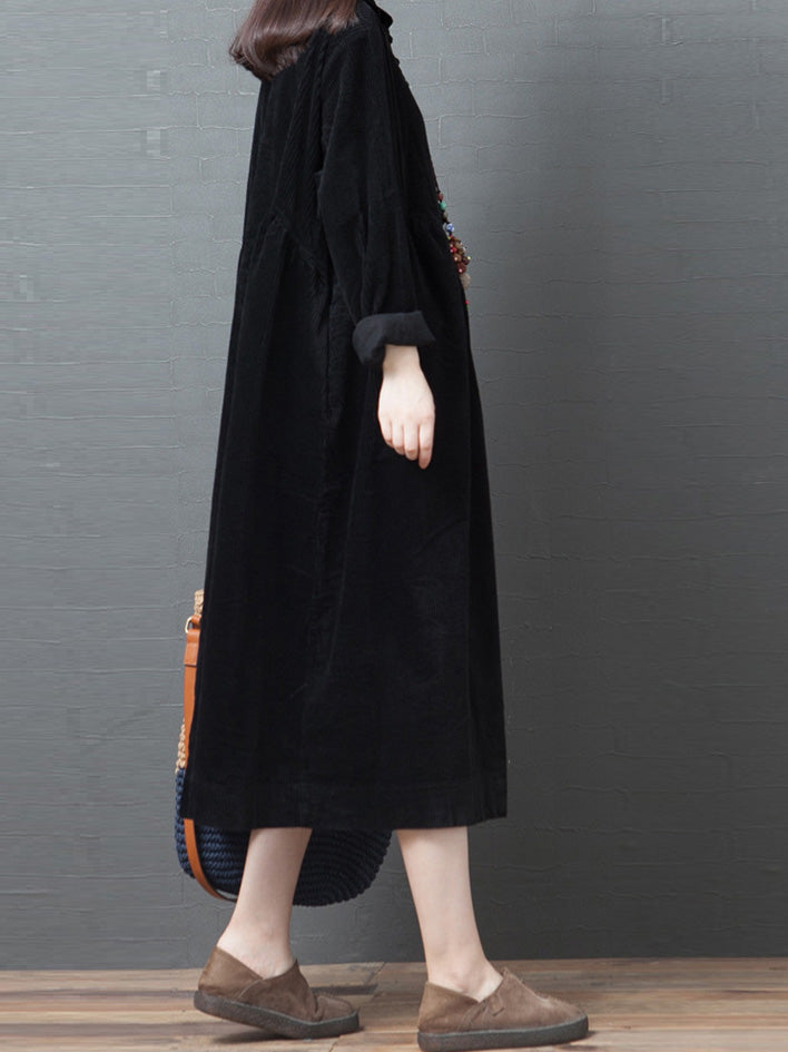 Women's Dresses Loose Corduroy Pocket Long Sleeve Dress