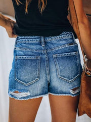 Washed High-waist Hole Denim Shorts