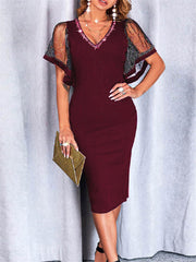 Spring New Bright Silk Solid Color Hot Drill Mesh V-neck A-line Dress Mid-waist Gauze Mesh Sleeves Urban Casual Dress Women