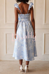 Floral Print Bow High Waist Pocket Midi Dress