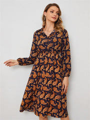 Spring and Autumn Fashion Casual Long-sleeved Floral Floral High Waist A-line Dress Shirt POLO Collar Temperament Elegant Dress