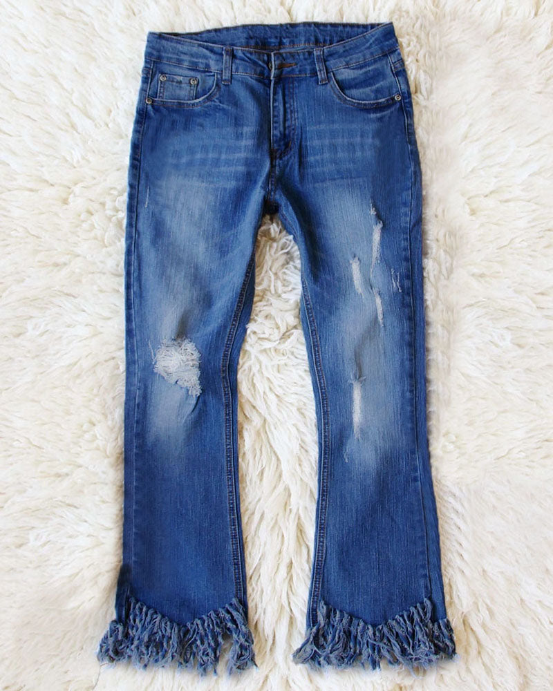 90s Vintage Ripped Fringe Hem Low Waist Jeans