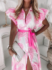 Summer Ruffle Waistband Short Sleeve V-neck Button Print Dress S M L XL 2XL