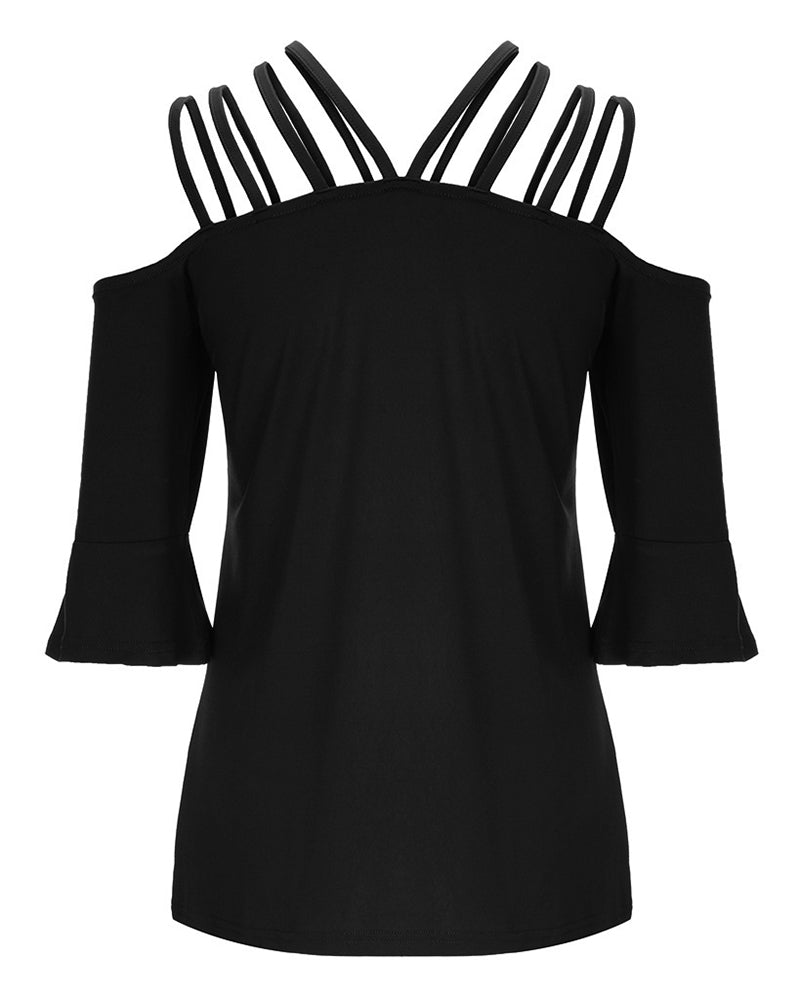 Strappy Detail Bell Sleeve Cold Shoulder Blouse