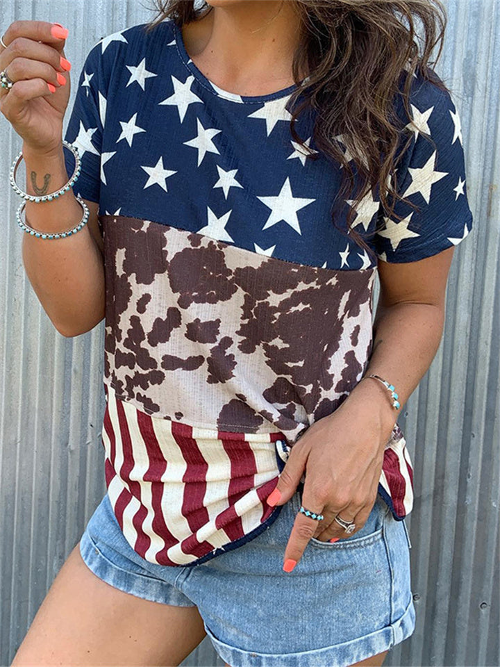 Summer Explosion Women's Stripes / Plaid Print Round Neck Short-sleeved Loose Type T-shirt Female Comfortable Casual Tops