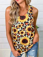 Summer New Tank Top T-shirt Female U-neck Leopard Sunflower Print Backless Hollow Casual Sleeveless Temperament Elegant Tops Female