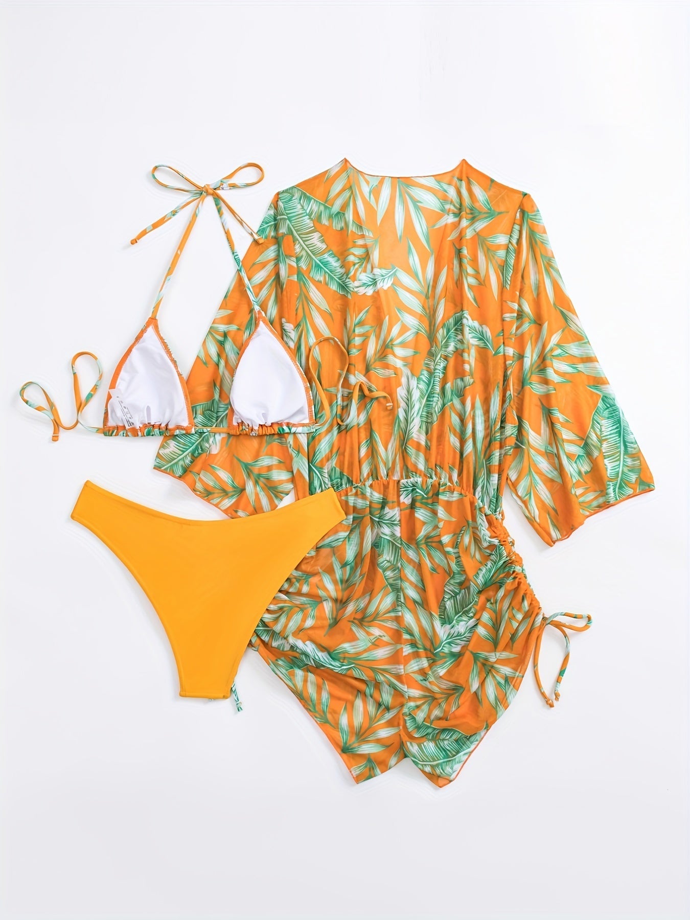 3-piece Leaf Plant Print Triangle Halter Neck Bikini Sets