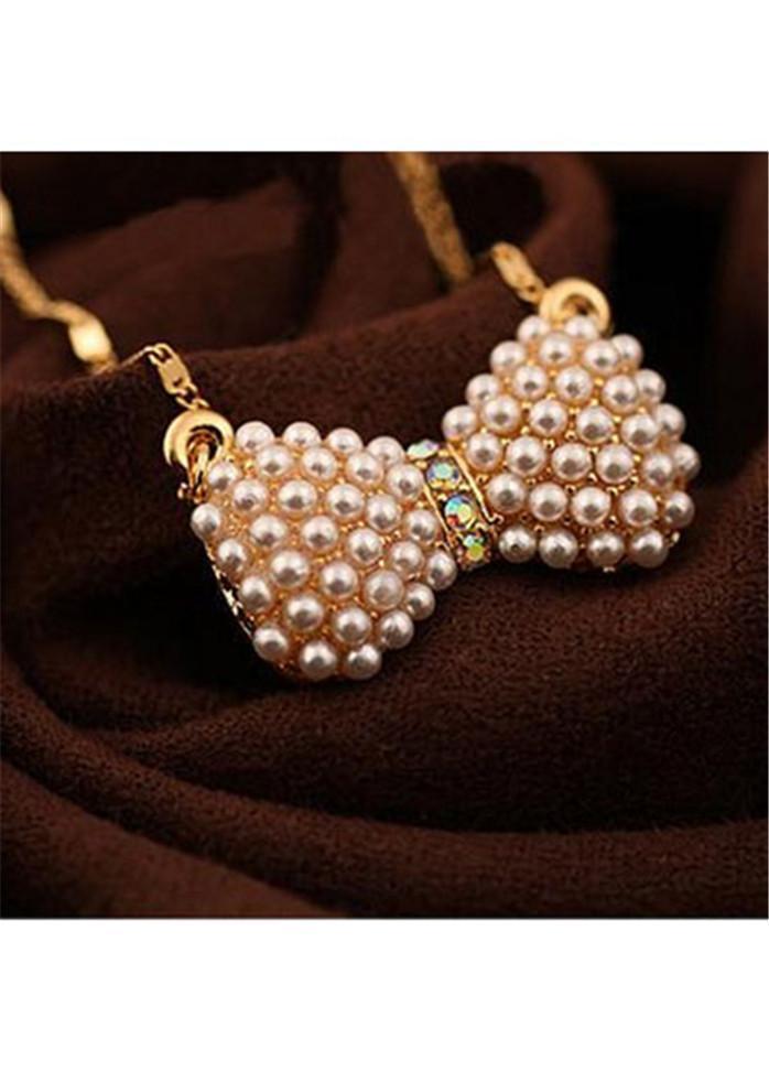 Elegant Girls Essential Faux Pearls Decoration Bow Necklace