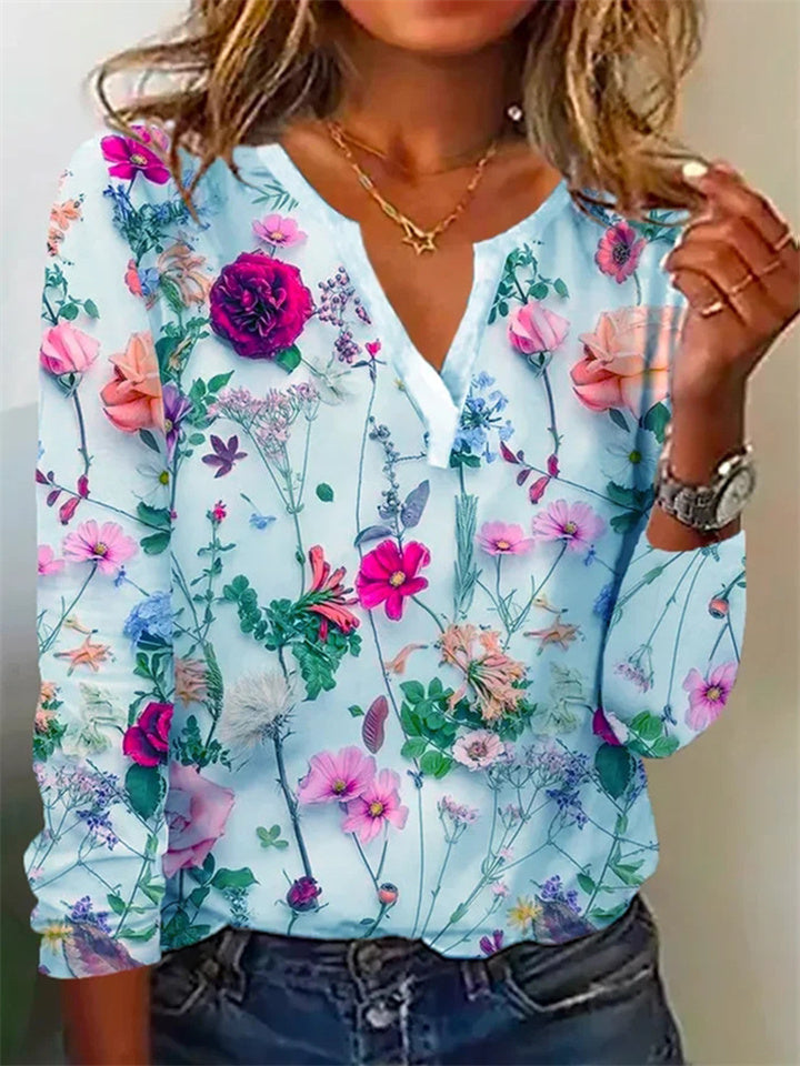 Summer New Wave Plant Floral Print V-neck Long-sleeved T-shirt Tops Cross-border Women's Comfortable Casual T-shirt