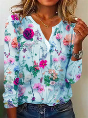 Summer New Wave Plant Floral Print V-neck Long-sleeved T-shirt Tops Cross-border Women's Comfortable Casual T-shirt