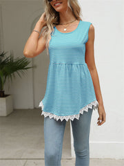 Summer New Slim Type Striped Lace Splicing Strapless Sleeveless Stretchy Pullover Undershirt Tops Comfortable Casual Women