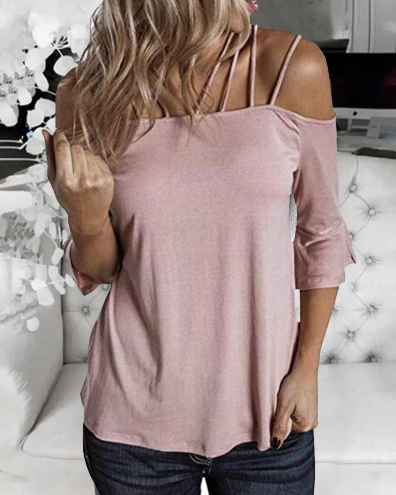 Strappy Detail Bell Sleeve Cold Shoulder Blouse