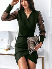 Spring and Summer New Women's V-neck Slim Sexy Mesh Long-sleeved Solid Color Irregular Dress V-neck Sexy Midriff Dress