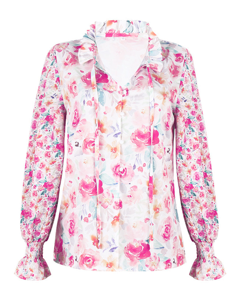 Floral Print Button Front Gathered Sleeve Blouse