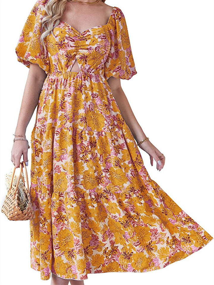 Summer Women's New Square Collar Bubble Short-sleeved Back Pleated Print Casual Wind Medium-length Dress Dress High Waist Puffy Dress