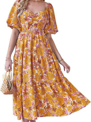 Summer Women's New Square Collar Bubble Short-sleeved Back Pleated Print Casual Wind Medium-length Dress Dress High Waist Puffy Dress