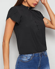 Button Front Frill Trim Tulip Sleeve Blouse