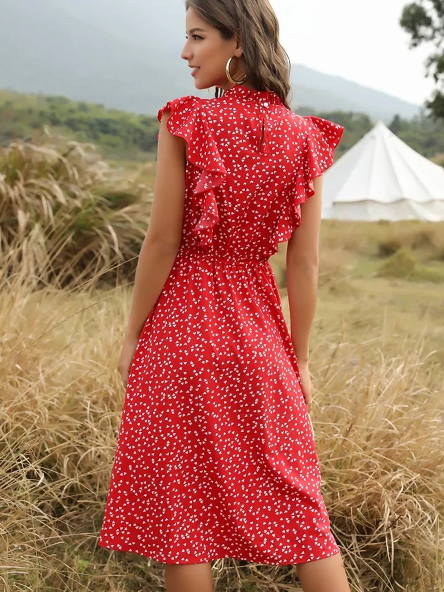 Elegant Floral Print Ruffle A-line Midi Chiffon Sun Dress