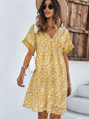 Fashion Women's Dresses Summer V-neck Chiffon Skirt Printed Short-sleeved Dress Yellow Green Black Blue