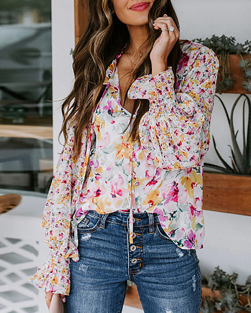 Floral Print Button Front Gathered Sleeve Blouse