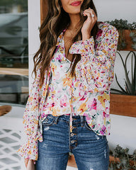 Floral Print Button Front Gathered Sleeve Blouse